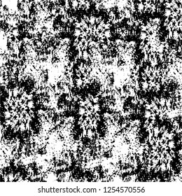 Abstract black and white vector background. Monochrome vintage surface with dirty pattern in cracks, spots, dots. Old painted wall in dark horror style design. Grunge overlay layer.
