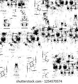 Abstract black and white vector background. Monochrome vintage surface with dirty pattern in cracks, spots, dots. Old painted wall in dark horror style design. Grunge overlay layer.
