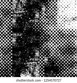 Abstract black and white vector background. Monochrome vintage surface with dirty pattern in cracks, spots, dots. Old painted wall in dark horror style design. Grunge overlay layer.