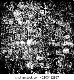 Abstract black and white vector background. Grunge overlay layer. Monochrome vintage surface with dirty pattern in cracks, spots, dots. Distressed overlay texture. EPS10.