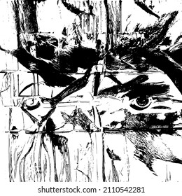 Abstract black and white vector background. Grunge overlay layer. Monochrome vintage surface with dirty pattern in cracks, spots, dots. Distressed overlay texture. EPS10.