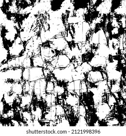 Resumen del fondo vectorial en blanco y negro. Capa de superposición gruesa. Superficie vintage monocroma con patrón sucio en grietas, manchas, puntos. Textura superpuesta angustiada. EPS10.