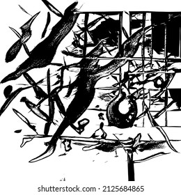 Abstract black and white vector background. Grunge overlay layer. Monochrome vintage surface with dirty pattern in cracks, spots, dots. Distressed overlay texture. EPS10.