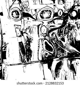 Resumen del fondo vectorial en blanco y negro. Capa de superposición gruesa. Superficie vintage monocroma con patrón sucio en grietas, manchas, puntos. Textura superpuesta angustiada. EPS10.