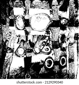 Abstract black and white vector background. Grunge overlay layer. Monochrome vintage surface with dirty pattern in cracks, spots, dots. Distressed overlay texture. EPS10.