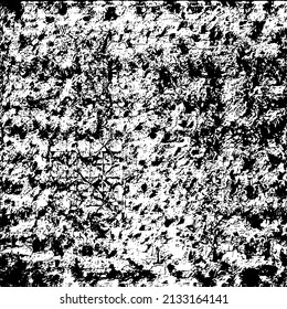 Abstract black and white vector background. Grunge overlay layer. Monochrome vintage surface with dirty pattern in cracks, spots, dots. Distressed overlay texture. EPS10.