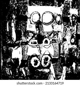 Abstract black and white vector background. Grunge overlay layer. Monochrome vintage surface with dirty pattern in cracks, spots, dots. Distressed overlay texture. EPS10.