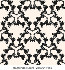 Abstract black and white vector background with curly shapes, swirls, floral elements. Elegant Damask seamless pattern. Ornament texture in baroque, rococo, renaissance, revival style. Repeated design