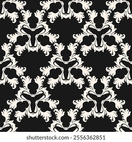 Abstract black and white vector background with curly shapes, swirls, floral elements. Elegant Damask seamless pattern. Ornament texture in baroque, rococo, renaissance style. Repeat decorative design