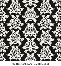 Abstract black and white vector background with curly shapes, swirls, floral elements. Luxury damask seamless pattern. Ornament texture in baroque, rococo, revival style. Repeating monochrome design