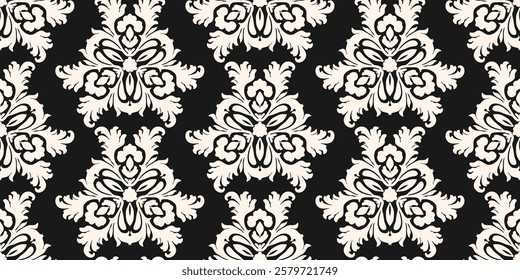 Abstract black and white vector background with curly shapes, swirls, floral elements. Luxury damask seamless pattern. Ornament texture in baroque, rococo, revival style. Repeating monochrome design