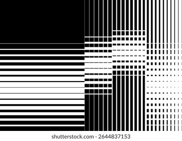 Fundo de vetor preto e branco abstrato. Moderno padrão de formas geométricas listradas. Neoconstrutivismo. Para Capas, Interior, Embalagem, Têxteis. Faixas Paralelas. Retângulos. Linhas Quebradas
