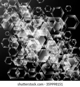 abstract black and white vector background with hexagons technology design