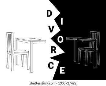 Abstract black and white vector of a divided wooden dining table and two chairs depicting a divorce.