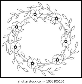 Abstract, black and white vector illustration of flowers and leaves on a white background