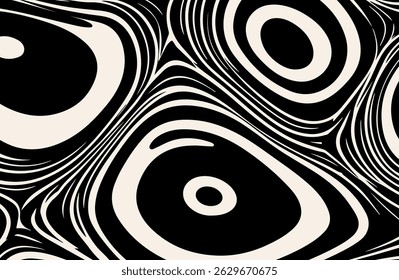 Abstract black and white vector illustration with bold swirling lines and organic eye-shaped forms, creating a dynamic visual flow and a striking modern graphic pattern.
