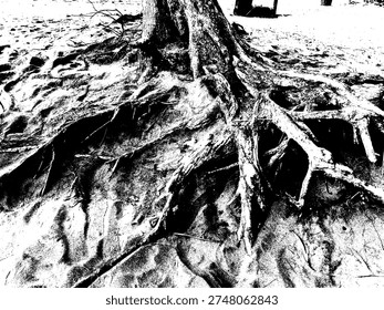 Abstract black and white vector illustration of old tree roots on a beach. Gritty stencil style coastal wood texture. Rustic organic silhouette for nature background and graphic design.