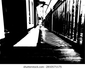 Abstract black and white vector illustration of a long hallway perspective with geometric fence shadow lines. High contrast grunge stencil architecture pattern for streetwear print.