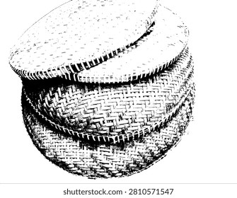 Abstract black and white vector illustration of stacked traditional Asian woven bamboo trays. High contrast grunge stencil pattern of rustic handicraft wickerwork for design overlay.