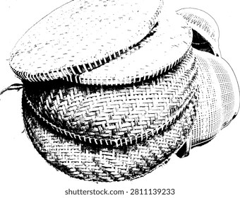 Abstract black and white vector illustration of stacked traditional woven bamboo baskets or containers. High contrast grunge stencil pattern of Asian rustic wickerwork for design overlay.