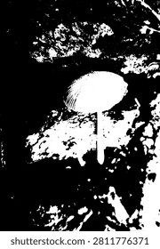 Abstract black and white vector illustration of a wild mushroom growing on rotten wood. High contrast grunge stencil pattern of forest fungus for clothing design.