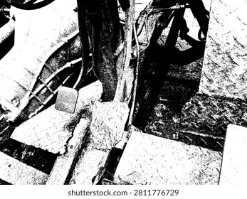 Abstract black and white vector illustration of rusty clutch and gas pedals with checker plate steel floor. High contrast grunge stencil pattern of vintage automotive machine for apparel.
