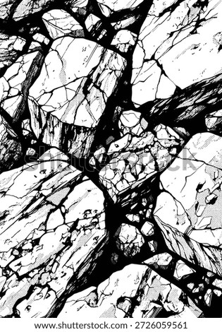 Abstract black and white vector illustration of a shattered surface with cracked ice or broken glass texture, featuring a grunge halftone pattern