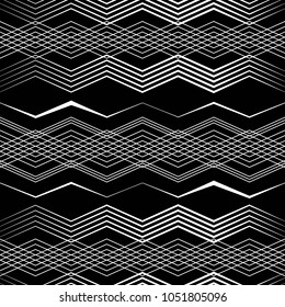Abstract black and white vector seamless pattern. White zigzags and braid on a black background