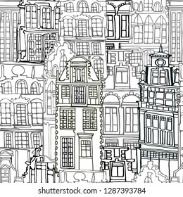 Abstract black and white vector seamless pattern with Dutch fictional vintage houses. Hand drawn.