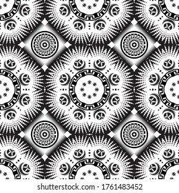 Abstract black and white vector seamless pattern. Greek key ornamental modern background. Repeat geometric tribal ethnic backdrop. Halftone dotted shapes, grunge mandalas, flowers, circles, frames.