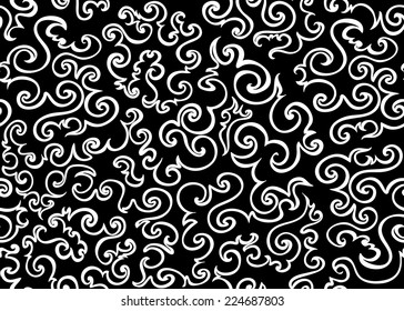 Abstract black and white vector seamless background with curling lines