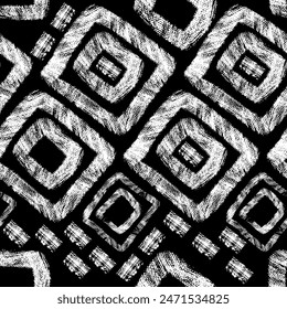 Abstract black and white vector seamless background of stripes, scuffs, noise, roughness, circles, squares and rectangles. Random Repeating Pattern