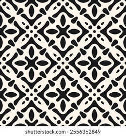 Abstract black and white vector seamless pattern. Simple floral geometric ornament with ethnic folk motif. Retro vintage background. Monochrome texture with flower silhouettes, organic shapes, tiles