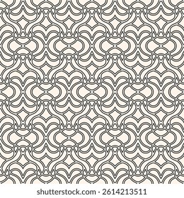 Abstract black and white vector seamless pattern in oriental style. Elegant curved mesh, lattice, thin lines. Stylish geometric ornament. Black and white background texture. Monochrome repeated design