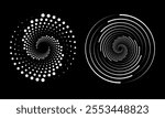 Abstract black and white vector spirals and geometric patterns on a black background create a sense of movement and dynamics
