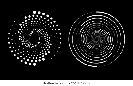 Abstract black and white vector spirals and geometric patterns on a black background create a sense of movement and dynamics
