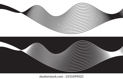 Abstract black and white vibration wave set. Collection of sound audio wavy line, dotted halftone and waveform. Element on white and black background for business, science, music and technology. EPS10