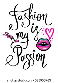 Abstract black and white wallpaper with bright pink hand drawn fashion shoes, kiss lips, heart. Modern t shirt style. motivational slogan for poster. Inspiration Logo background. Calligraphic text