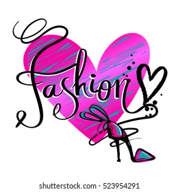 Abstract black and white wallpaper with bright pink hand drawn fashion shoes, shape heart. Modern t shirt style. motivational slogan for poster. Inspiration Logo background.wallpaper Calligraphic text