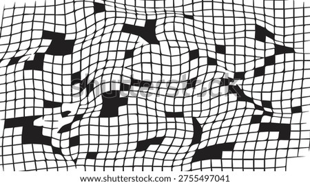 Abstract black and white warped grid pattern with distorted squares for modern graphic design