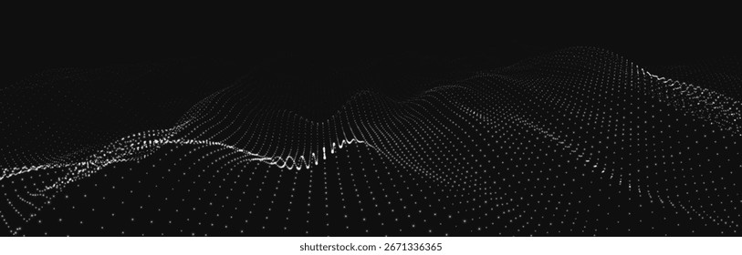 Uma onda preta e branca abstrata de pontos brilhantes que cria a ilusão de ondas móveis sobre um fundo escuro. A visualização se assemelha a uma onda vetorial 3D dinâmica que combina tecnologia 