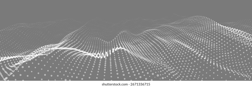 Eine abstrakte schwarz-weiße Welle von leuchtenden Punkten, die die Illusion von sich bewegenden Wellen auf hellem Hintergrund erzeugt. Die Visualisierung ähnelt einer dynamischen Vektor-3D-Welle, die Technologie kombiniert 