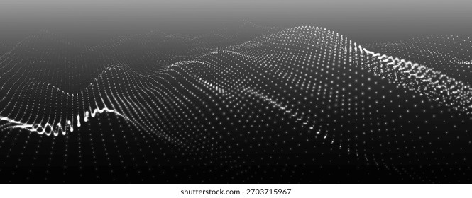 An abstract black and white wave of glowing dots, creating the illusion of moving waves on a light background. The visualization resembles a dynamic vector 3D wave that combines technology and art of 
