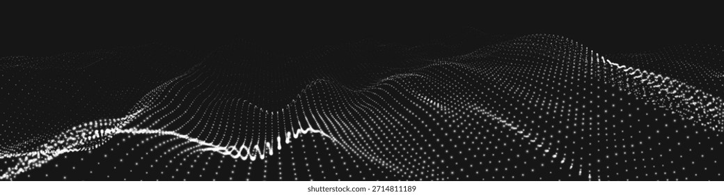 Eine abstrakte schwarz-weiße Welle von leuchtenden Punkten, die die Illusion von sich bewegenden Wellen auf dunklem Hintergrund erzeugt. Die Visualisierung ähnelt einer dynamischen 3D-Vektorwelle, die Technologie und zukünftige Kunst verbindet.