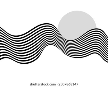 Abstract black and white wave with gray circle.