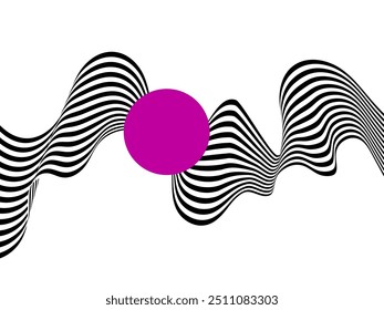 Abstract black and white wave on a background of purple circles.