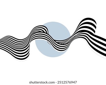 Abstract black and white wave on a background of blue circles.