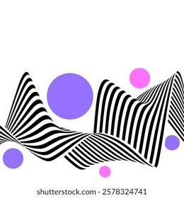 Abstract black and white wave on a background of color circles.