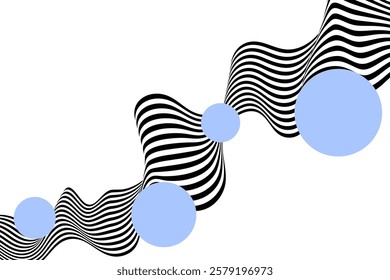 Abstract black and white wave on a background of blue circles.
