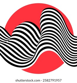 Abstract black and white wave on the background of an red circle.